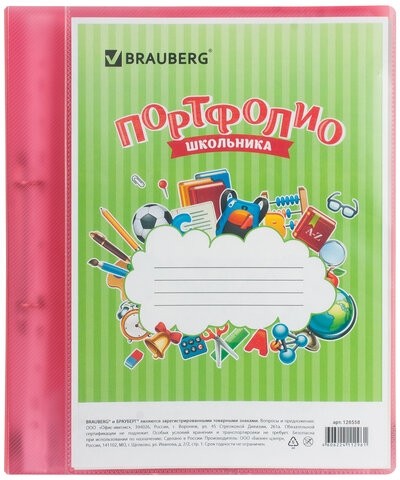 Папка для портфолио школьника, 2 кольца, 20 файлов, пластик полупрозрачный, красная, BRAUBERG, 126558