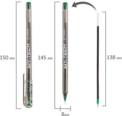 Ручка шариковая масляная PENSAN "My-Tech", ЗЕЛЕНАЯ, игольчатый узел 0,7 мм, линия 0,35 мм, 2240/25