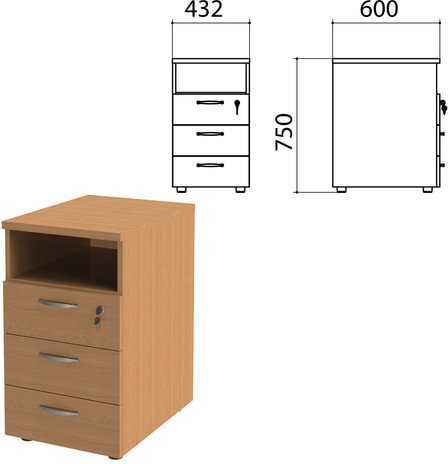 Тумба приставная "Этюд", 432х600х750 мм, 3 ящика, замок, полка, бук бавария, 400065-55