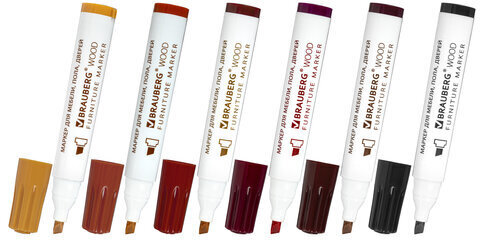 Маркеры для ремонта мебели и изделий из дерева, 6 ЦВЕТОВ, BRAUBERG WOOD, 152203