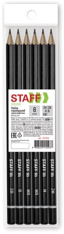 Карандаши чернографитные STAFF "College" BLP-254, НАБОР 6 шт., 2H-2B, черный корпус, 181254