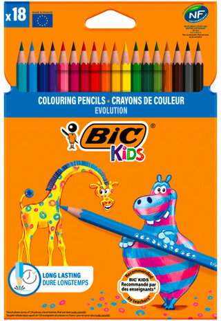 Карандаши цветные BIC "Kids ECOlutions Evolution", 18 цветов, пластиковые, заточенные, европодвес, 937513