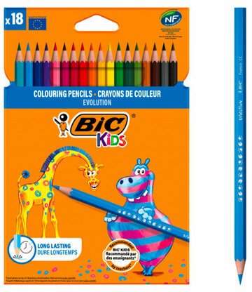 Карандаши цветные BIC "Kids ECOlutions Evolution", 18 цветов, пластиковые, заточенные, европодвес, 937513