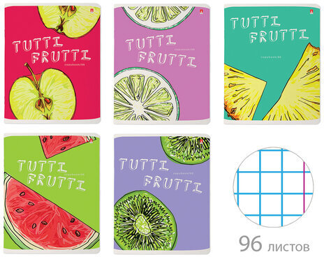 Тетрадь А5 96 л. АЛЬТ скоба, клетка, гибридный лак, "Fresh & Fruity" (5 видов), 7-96-1159