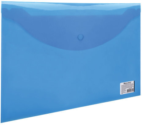 Папка-конверт с кнопкой BRAUBERG, А4, до 100 листов, прозрачная, синяя, 0,15 мм, 221637