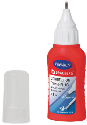 Ручка-корректор + корректирующая жидкость BRAUBERG, 12 мл, 2 в 1: металлический наконечник + кисточка, 225217