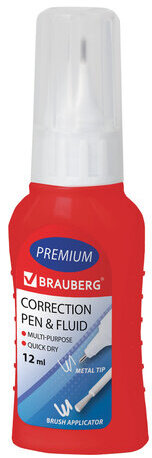 Ручка-корректор + корректирующая жидкость BRAUBERG, 12 мл, 2 в 1: металлический наконечник + кисточка, 225217