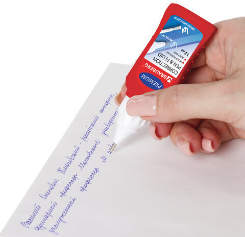 Ручка-корректор + корректирующая жидкость BRAUBERG, 12 мл, 2 в 1: металлический наконечник + кисточка, 225217