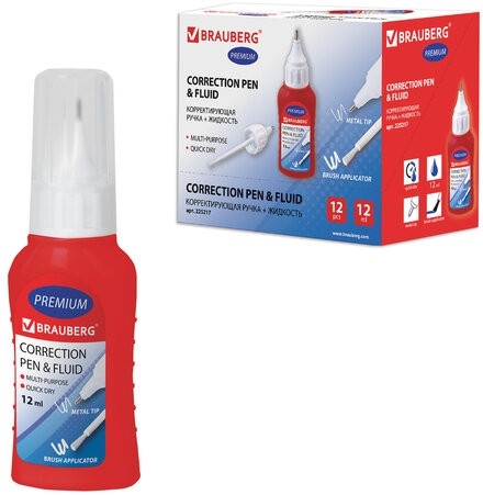 Ручка-корректор + корректирующая жидкость BRAUBERG, 12 мл, 2 в 1: металлический наконечник + кисточка, 225217