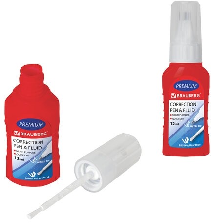 Ручка-корректор + корректирующая жидкость BRAUBERG, 12 мл, 2 в 1: металлический наконечник + кисточка, 225217