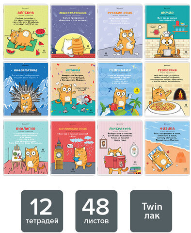 Тетради предметные, КОМПЛЕКТ 12 ПРЕДМЕТОВ, "КОТ-ЭНТУЗИАСТ", 48 л., TWIN-лак, BRAUBERG, 404609