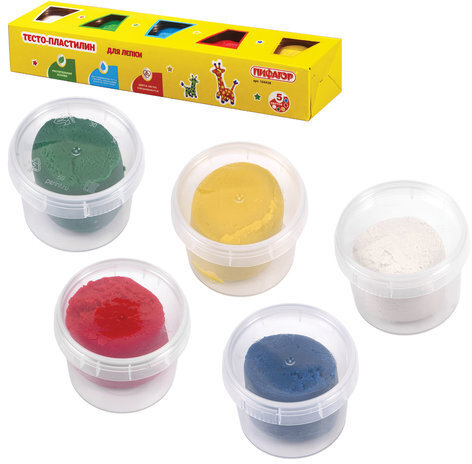 Пластилин на растительной основе (тесто для лепки) ПИФАГОР, 5 цветов, 450 г, картонный рукав, 104438