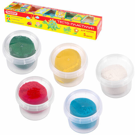 Пластилин на растительной основе (тесто для лепки) ПИФАГОР, 5 цветов, 450 г, картонный рукав, 104438