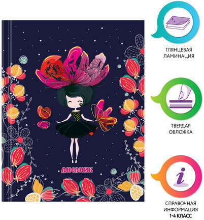 Дневник 1-4 класс 48 л., твердый, ЮНЛАНДИЯ, глянцевая ламинация, с подсказом, "Flower Girl", 106354