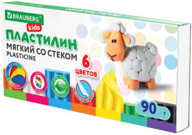 Пластилин мягкий восковой BRAUBERG KIDS, 6 цветов, 90 г, со стеком, 106493