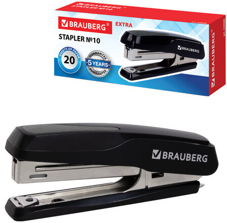 Степлер №10 BRAUBERG "Extra", до 20 листов, антистеплер, черно-серый, 229080