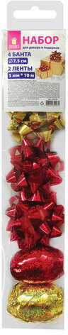 Набор для декора и подарков 4 банта, 2 ленты, голография, цвета красный, золото, ЗОЛОТАЯ СКАЗКА, 591849