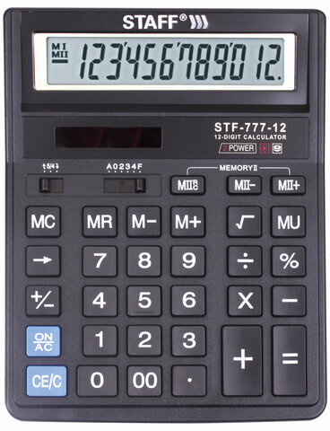 Калькулятор настольный STAFF STF-777, 12 разрядов, двойное питание, 210x165 мм, ЧЕРНЫЙ