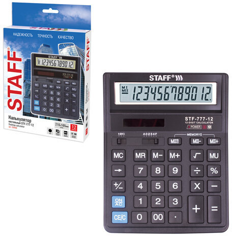 Калькулятор настольный STAFF STF-777, 12 разрядов, двойное питание, 210x165 мм, ЧЕРНЫЙ