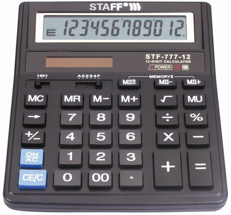 Калькулятор настольный STAFF STF-777, 12 разрядов, двойное питание, 210x165 мм, ЧЕРНЫЙ