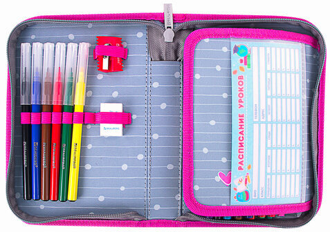 Пенал с наполнением BRAUBERG, 1 отделение, 1 откидная планка, 24 предмета, полиэстер, 21х14 см, "Funny panda", 270315