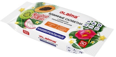 Салфетки влажные 50 шт., УНИВЕРСАЛЬНЫЕ, очищающие для всей семьи, тропические фрукты, LAIMA, 128076