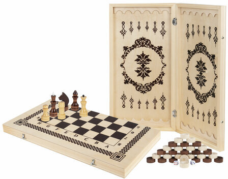 Шахматы, шашки, нарды 3 в 1 деревянные, лакированные, глянцевые, доска 40х40 см, ЗОЛОТАЯ СКАЗКА, 665364