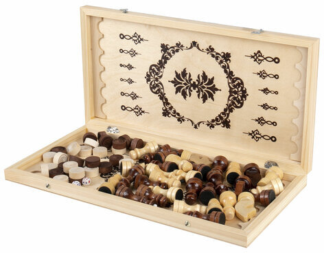 Шахматы, шашки, нарды 3 в 1 деревянные, лакированные, глянцевые, доска 40х40 см, ЗОЛОТАЯ СКАЗКА, 665364