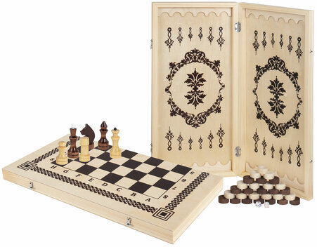 Шахматы, шашки, нарды 3 в 1 деревянные, лакированные, глянцевые, доска 40х40 см, ЗОЛОТАЯ СКАЗКА, 665364