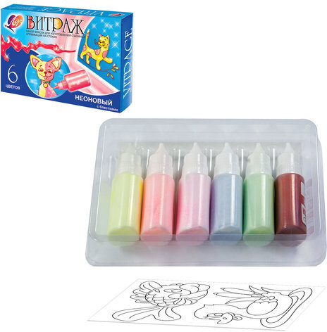 Краски по стеклу (витражные) ЛУЧ "Витраж неоновый с блестками", 6 цветов по 20 мл, шаблоны, 17С 1159-08