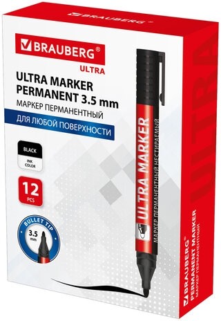 Маркер перманентный ULTRA MARKER, ЧЕРНЫЙ, 3,5 мм, с клипом, BRAUBERG, 152204