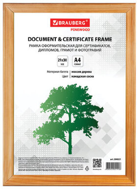 Рамка 21х30 см, дерево, багет 18 мм, BRAUBERG &quot;HIT&quot;, канадская сосна, стекло, 390021