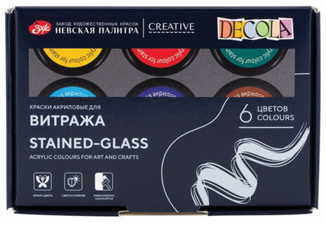 Краски акриловые для витража "Декола", 6 цветов по 20 мл, в банках, 42411064