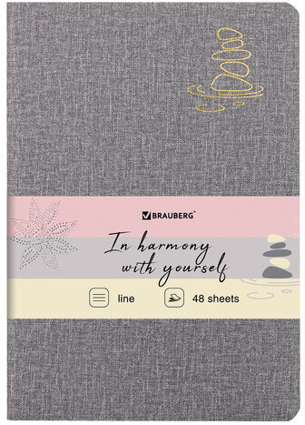 Тетрадь 48 л. в линию обложка кожзам под рогожку, сшивка, A5 (147х210мм), СЕРЫЙ, BRAUBERG HARMONY, 403836