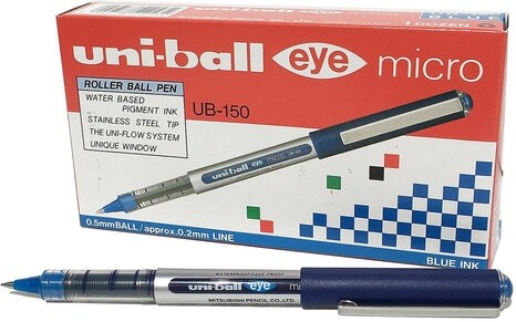 Ручка-роллер Uni-Ball Eye, СИНЯЯ, корпус серебро, узел 0,5 мм, линия 0,3 мм, UB-150 BLUE