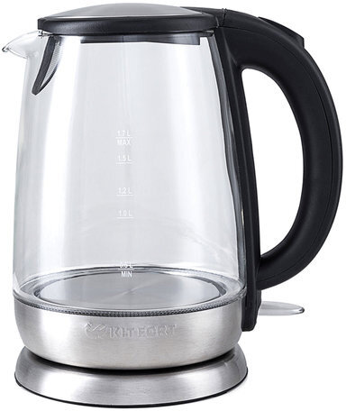 Чайник KITFORT КТ-619, 1,7 л, 2200 Вт, закрытый нагревательный элемент, стекло, серебристый, KT-619