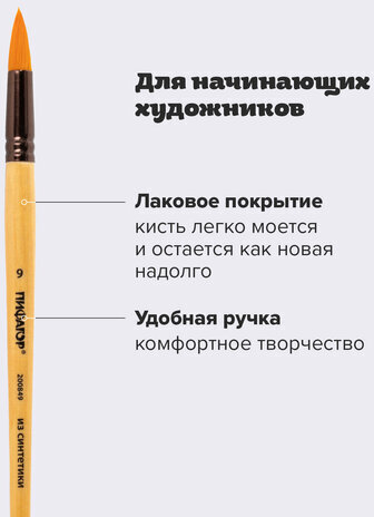 Кисть ПИФАГОР, СИНТЕТИКА, круглая, № 9, деревянная лакированная ручка, с колпачком, пакет с подвесом, 200849