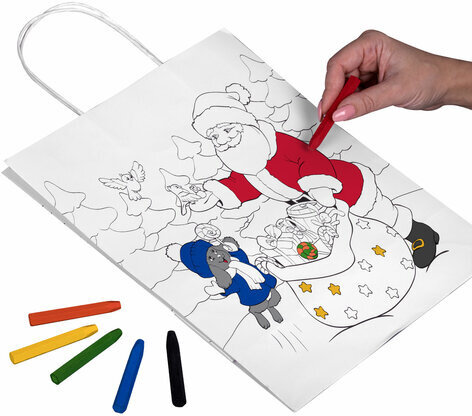 Пакет-раскраска НАБОР 8 шт., новогодний, 32х13х26 см + масляные пастельные мелки, ЗОЛОТАЯ СКАЗКА, 591975