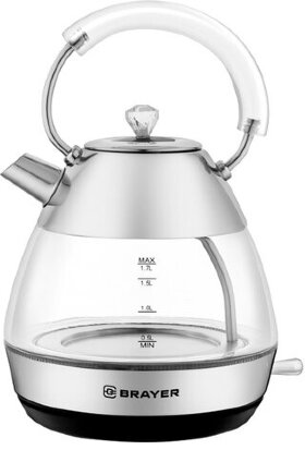 Чайник BRAYER BR1027, 1,7 л, 2200 Вт, закрытый нагревательный элемент, стекло, серебро