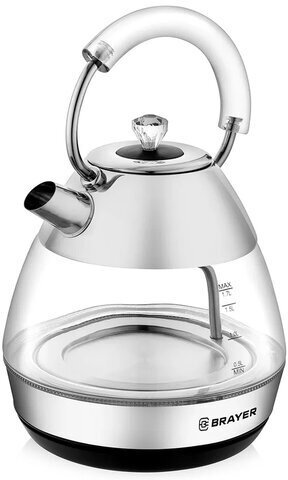 Чайник BRAYER BR1027, 1,7 л, 2200 Вт, закрытый нагревательный элемент, стекло, серебро