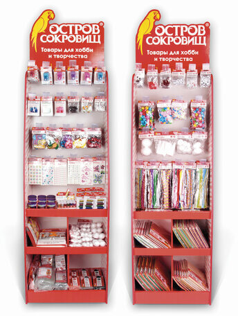 Стойка для размещения товара напольная усиленная ОСТРОВ СОКРОВИЩ, 200х60х40 см, 3 полки, 25 крючков, 504343