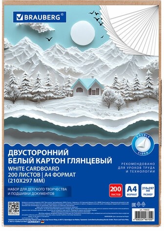 Картон белый А4 МЕЛОВАННЫЙ (белый оборот) 200 листов, в коробе, BRAUBERG, 210х297 мм, 116632