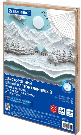Картон белый А4 МЕЛОВАННЫЙ (белый оборот) 200 листов, в коробе, BRAUBERG, 210х297 мм, 116632