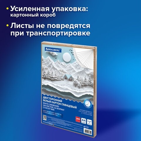 Картон белый А4 МЕЛОВАННЫЙ (белый оборот) 200 листов, в коробе, BRAUBERG, 210х297 мм, 116632