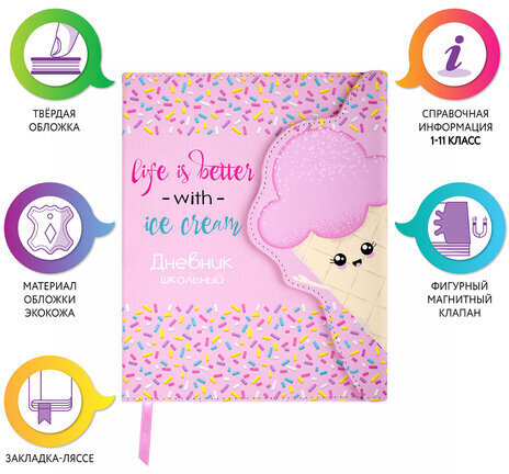 Дневник 1-11 класс 48 л., кожзам (твердая), магнитный клапан, ЮНЛАНДИЯ, "Мороженка", 106184