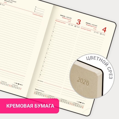 Ежедневник датированный 2026 А5 138x213 мм, BRAUBERG "Stylish", под кожу, гибкий, бежевый, 117104