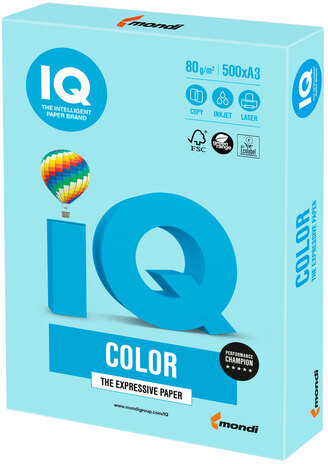 Бумага цветная IQ color БОЛЬШОЙ ФОРМАТ (297х420 мм), А3, 80 г/м2, 500 л., пастель, голубая, MB30