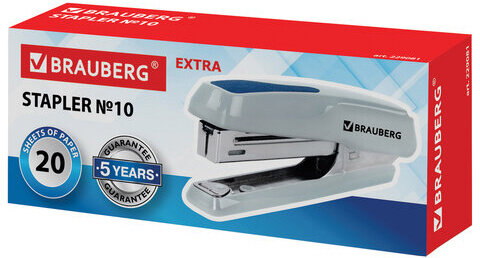 Степлер №10 BRAUBERG "Extra", до 20 листов, антистеплер, серо-синий, 229081