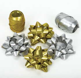 Набор для декора и подарков 4 банта, 2 ленты, матовый металл, цвета: золотистый, серебристый, ЗОЛОТАЯ СКАЗКА, 591850