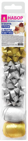Набор для декора и подарков 4 банта, 2 ленты, матовый металл, цвета: золотистый, серебристый, ЗОЛОТАЯ СКАЗКА, 591850